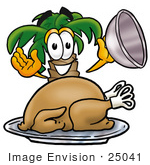 #25041 Clip Art Graphic Of A Tropical Palm Tree Cartoon Character Serving A Thanksgiving Turkey On A Platter