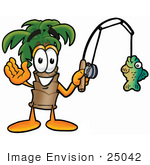 #25042 Clip Art Graphic Of A Tropical Palm Tree Cartoon Character Holding A Fish On A Fishing Pole