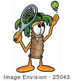 #25043 Clip Art Graphic Of A Tropical Palm Tree Cartoon Character Preparing To Hit A Tennis Ball