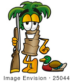 #25044 Clip Art Graphic Of A Tropical Palm Tree Cartoon Character Duck Hunting Standing With A Rifle And Duck