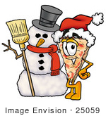 #25059 Clip Art Graphic Of A Cheese Pizza Slice Cartoon Character With A Snowman On Christmas