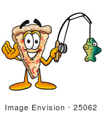 #25062 Clip Art Graphic Of A Cheese Pizza Slice Cartoon Character Holding A Fish On A Fishing Pole