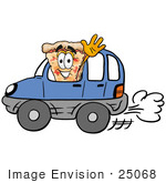 #25068 Clip Art Graphic Of A Cheese Pizza Slice Cartoon Character Driving A Blue Car And Waving