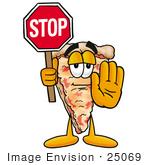 #25069 Clip Art Graphic Of A Cheese Pizza Slice Cartoon Character Holding A Stop Sign