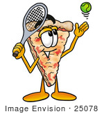 #25078 Clip Art Graphic Of A Cheese Pizza Slice Cartoon Character Preparing To Hit A Tennis Ball