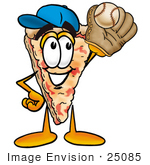 #25085 Clip Art Graphic Of A Cheese Pizza Slice Cartoon Character Catching A Baseball With A Glove
