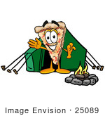 #25089 Clip Art Graphic Of A Cheese Pizza Slice Cartoon Character Camping With A Tent And Fire