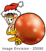 #25090 Clip Art Graphic Of A Cheese Pizza Slice Cartoon Character Wearing A Santa Hat Standing With A Christmas Bauble