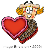 #25091 Clip Art Graphic Of A Cheese Pizza Slice Cartoon Character With An Open Box Of Valentines Day Chocolate Candies