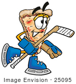 #25095 Clip Art Graphic Of A Cheese Pizza Slice Cartoon Character Playing Ice Hockey