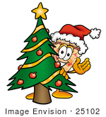 #25102 Clip Art Graphic Of A Cheese Pizza Slice Cartoon Character Waving And Standing By A Decorated Christmas Tree