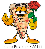 #25111 Clip Art Graphic Of A Cheese Pizza Slice Cartoon Character Holding A Red Rose On Valentines Day