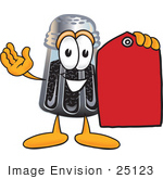 #25123 Clip Art Graphic Of A Ground Pepper Shaker Cartoon Character Holding A Red Sales Price Tag