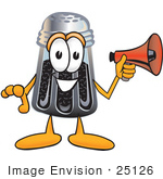 #25126 Clip Art Graphic Of A Ground Pepper Shaker Cartoon Character Screaming Into A Megaphone