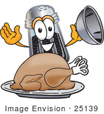 #25139 Clip Art Graphic Of A Ground Pepper Shaker Cartoon Character Serving A Thanksgiving Turkey On A Platter