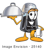 #25140 Clip Art Graphic Of A Ground Pepper Shaker Cartoon Character Dressed As A Waiter And Holding A Serving Platter