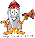 #25163 Clip Art Graphic Of A Space Rocket Cartoon Character Holding A Megaphone