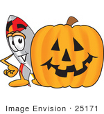 #25171 Clip Art Graphic Of A Space Rocket Cartoon Character With A Carved Halloween Pumpkin