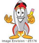 #25176 Clip Art Graphic of a Space Rocket Cartoon Character Holding a Pencil by toons4biz