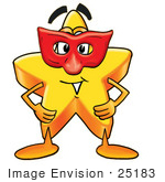 #25183 Clip Art Graphic Of A Yellow Star Cartoon Character Wearing A Red Mask Over His Face