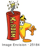 #25184 Clip Art Graphic Of A Yellow Star Cartoon Character Standing With A Lit Stick Of Dynamite