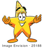 #25188 Clip Art Graphic of a Yellow Star Cartoon Character Wearing a Birthday Party Hat by toons4biz
