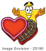 #25190 Clip Art Graphic of a Yellow Star Cartoon Character With an Open Box of Valentines Day Chocolate Candies by toons4biz