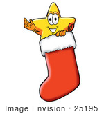 #25195 Clip Art Graphic Of A Yellow Star Cartoon Character Inside A Red Christmas Stocking