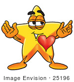 #25196 Clip Art Graphic Of A Yellow Star Cartoon Character With His Heart Beating Out Of His Chest