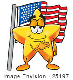 #25197 Clip Art Graphic Of A Yellow Star Cartoon Character Pledging Allegiance To An American Flag