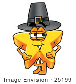 #25199 Clip Art Graphic of a Yellow Star Cartoon Character Wearing a Pilgrim Hat on Thanksgiving by toons4biz