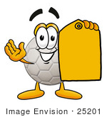 #25201 Clip Art Graphic Of A White Soccer Ball Cartoon Character Holding A Yellow Sales Price Tag