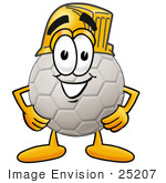 #25207 Clip Art Graphic Of A White Soccer Ball Cartoon Character Wearing A Hardhat Helmet