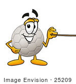 #25209 Clip Art Graphic Of A White Soccer Ball Cartoon Character Holding A Pointer Stick