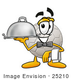 #25210 Clip Art Graphic Of A White Soccer Ball Cartoon Character Dressed As A Waiter And Holding A Serving Platter