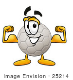 #25214 Clip Art Graphic Of A White Soccer Ball Cartoon Character Flexing His Arm Muscles