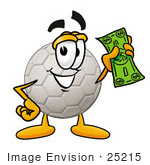 #25215 Clip Art Graphic Of A White Soccer Ball Cartoon Character Holding A Dollar Bill