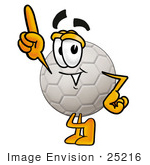 #25216 Clip Art Graphic Of A White Soccer Ball Cartoon Character Pointing Upwards
