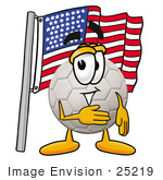 #25219 Clip Art Graphic Of A White Soccer Ball Cartoon Character Pledging Allegiance To An American Flag
