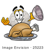#25223 Clip Art Graphic Of A White Soccer Ball Cartoon Character Serving A Thanksgiving Turkey On A Platter