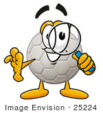 #25224 Clip Art Graphic Of A White Soccer Ball Cartoon Character Looking Through A Magnifying Glass