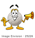 #25226 Clip Art Graphic Of A White Soccer Ball Cartoon Character Holding A Megaphone