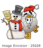 #25228 Clip Art Graphic Of A White Soccer Ball Cartoon Character With A Snowman On Christmas
