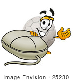 #25230 Clip Art Graphic Of A White Soccer Ball Cartoon Character With A Computer Mouse
