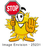 #25231 Clip Art Graphic Of A Yellow Sun Cartoon Character Holding A Stop Sign
