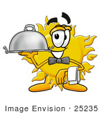 #25235 Clip Art Graphic Of A Yellow Sun Cartoon Character Dressed As A Waiter And Holding A Serving Platter