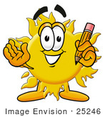 #25246 Clip Art Graphic Of A Yellow Sun Cartoon Character Holding A Pencil