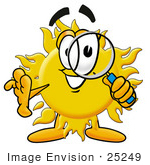 #25249 Clip Art Graphic Of A Yellow Sun Cartoon Character Looking Through A Magnifying Glass