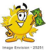 #25251 Clip Art Graphic Of A Yellow Sun Cartoon Character Holding A Dollar Bill