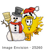 #25260 Clip Art Graphic Of A Yellow Sun Cartoon Character With A Snowman On Christmas